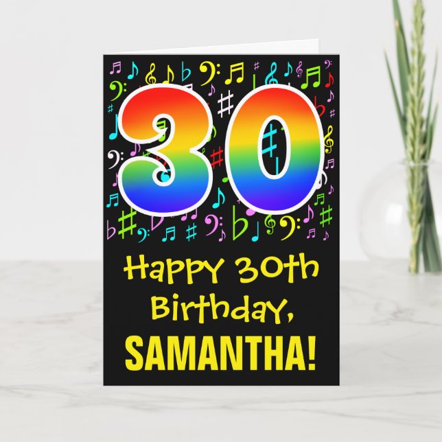 30th Birthday: Colorful Music Symbols + Rainbow 30 Card (Front)