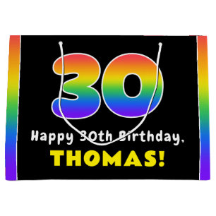 30th Birthday: Colorful Rainbow # 30, Custom Name Large Gift Bag
