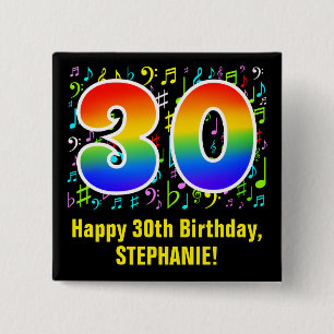 30th Birthday: Colourful Music Symbols, Rainbow 30 15 Cm Square Badge