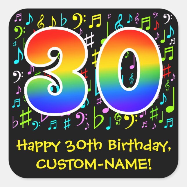 30th Birthday: Colourful Music Symbols, Rainbow 30 Square Sticker (Front)
