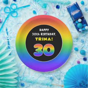 30th Birthday: Colourful Rainbow # 30, Custom Name Paper Plate