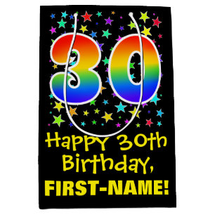 30th Birthday: Colourful Stars Pattern & Rainbow 3 Medium Gift Bag