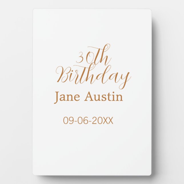 30th birthday copper brown simple stylish name dat plaque (Front)