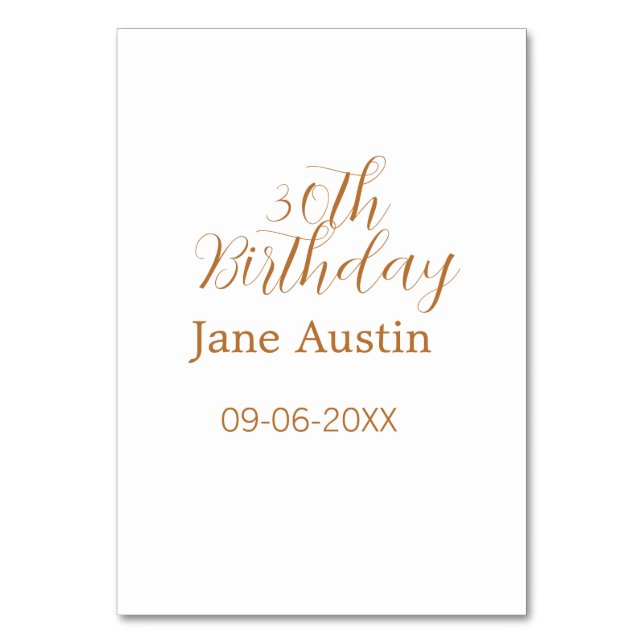 30th birthday copper brown simple stylish name dat table number (Front)