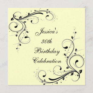 30th Birthday Cream & Black Floral Swirls Invitation