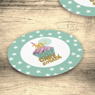 30th Birthday Cupcake Cake Smash Party Green Stars Round Paper Coaster