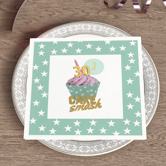 30th Birthday Cupcake Smash Party Paper Napkins (Have a smashing time at your 30th birthday party. Just add your initial to these paper napkins)