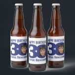 30th Birthday custom name navy blue white photo Beer Bottle Label<br><div class="desc">30th birthday party or birthday gifting design in classic navy blue and white add your own photo beer or wine labels. Great to add a personal touch to a surprise thirtieth birthday party. Customise with your birthday boys or girls photo in the 0 of 30 and personalise with your name....</div>