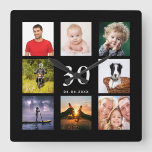 30th birthday custom photo collage guy black square wall clock
