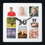 30th birthday custom photo collage guy square wall clock<br><div class="desc">A wall clock as a gift for a 30th birthday for a guy,  celebrating his life with a collage of 8 of your own photos.  Personalise and add age 30,  and a date.  Date of birth or the date of the anniversary.  Black coloured letters.  White background.</div>