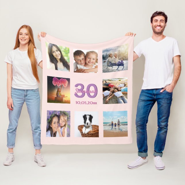 30th birthday custom photo collage rose gold pink fleece blanket (In Situ)