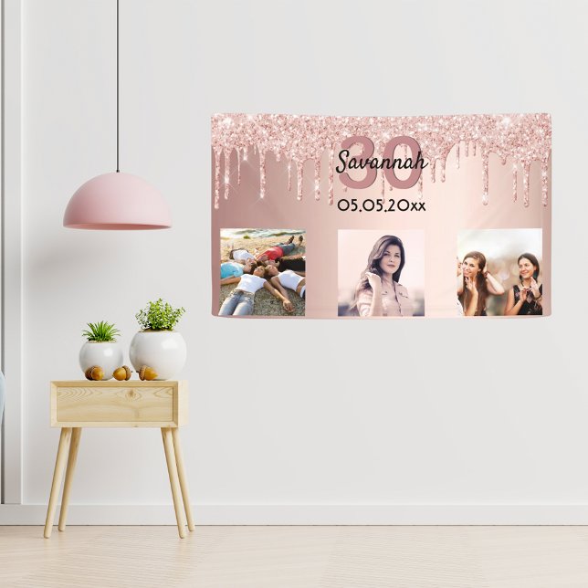 30th birthday custom photo rose gold pink glitter banner (Creator Uploaded)