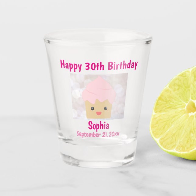 30th Birthday Cute Pink Girly Cupcake Shot Glass (Front)