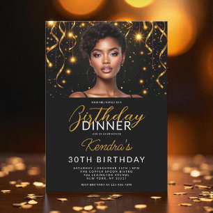 30th Birthday Dinner Gold and Black Photo Invitation