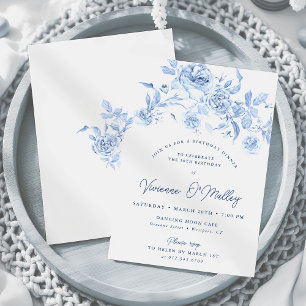 30th Birthday Dinner Party Dusty Blue Rose Floral Invitation