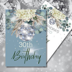 30th Birthday Dusty Blue Floral Disco Ball  Invitation