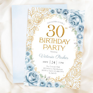 30th Birthday Dusty Blue Gold Floral Feminine Invitation