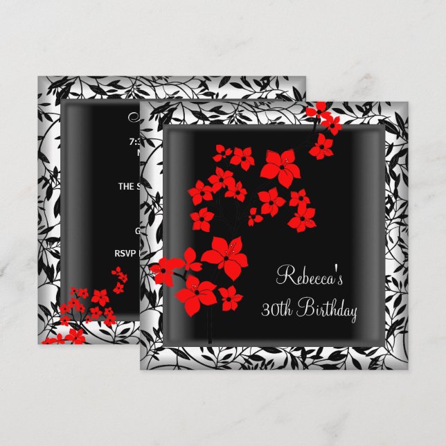 30th Birthday Elegant Asian Red Flowers White Invitation (Front/Back)