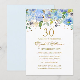 30th Birthday Elegant Blue Gold Floral Invitation