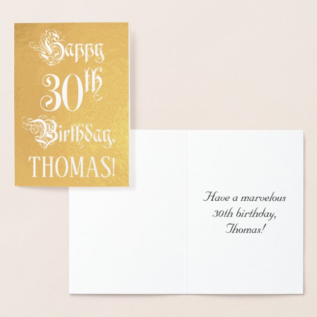 30th Birthday: Elegant, Ornate Script; Custom Name Foil Card (Display)