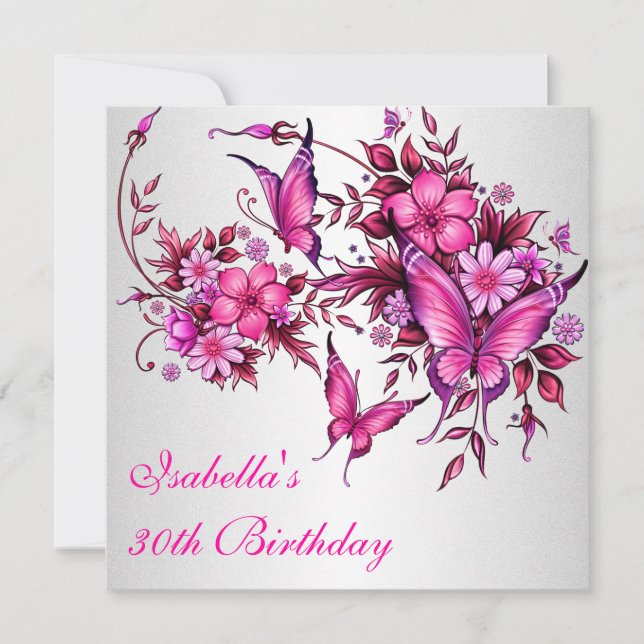 30th Birthday Elegant Pink Floral Butterfly White Invitation (Front)
