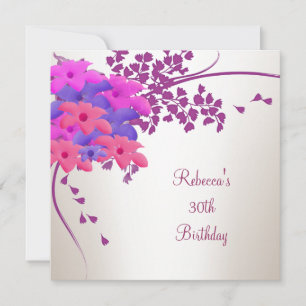30th Birthday Elegant White Pink Purple Flowers Invitation
