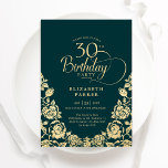 30th Birthday Emerald Green Gold Roses Invitation<br><div class="desc">Emerald green gold elegant 30th birthday party invitation. Classy design featuring roses,  faux gold foil and typography script font. Trendy invite card perfect for a stylish female bday celebration. Personalise with your own details. Can be customised to any age. Printed Zazzle invitations or instant download digital printable template.</div>