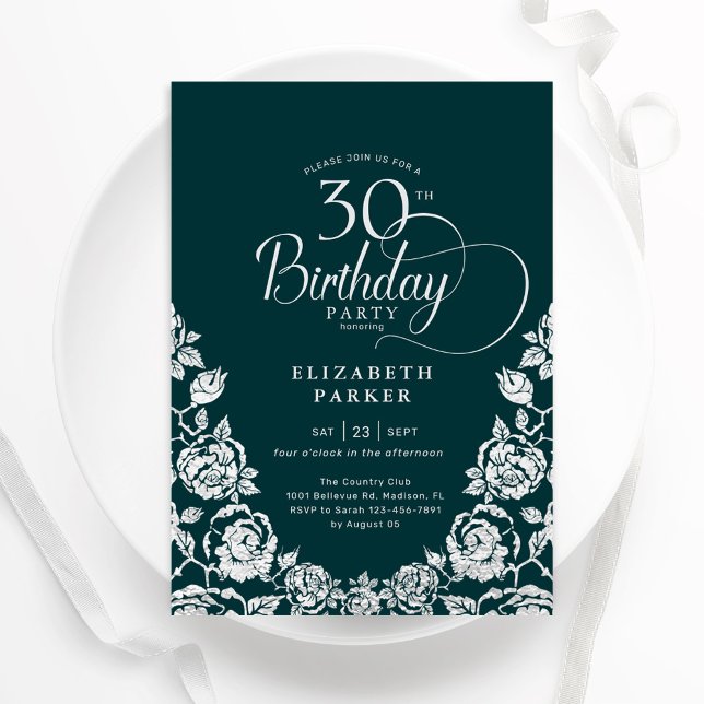 30th Birthday Emerald Green Silver Roses Invitation (Creator Uploaded)