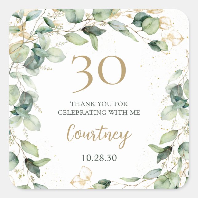 30th Birthday Eucalyptus Thank You Square Sticker (Front)