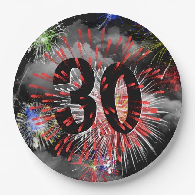 30th Birthday Fireworks In Clouds Paper Plate (Front)