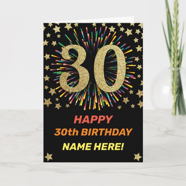 30th Birthday Fireworks Rainbow Gold Fun Card (Front)