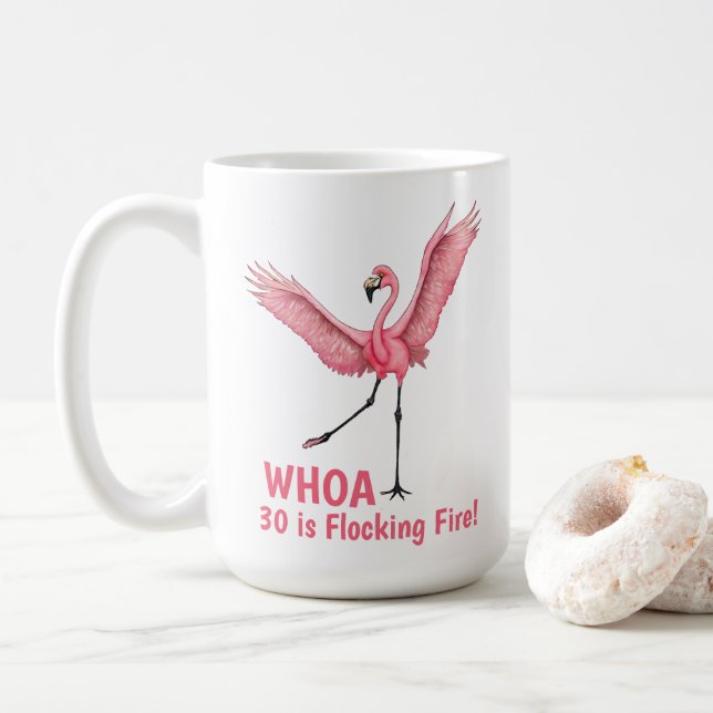 30th Birthday Flocking Fire Flamingo Coffee Mug (With Donut)