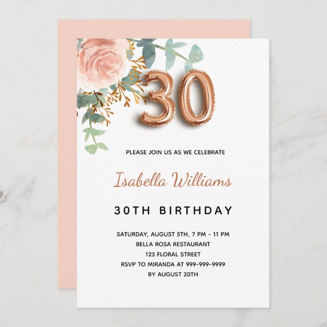 30th birthday floral rose gold eucalyptus greenery invitation (Front/Back)