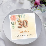 30th birthday floral rose gold eucalyptus monogram napkin<br><div class="desc">For an elegant and feminine 30th birthday birthday party. Golden watercolored background. Decorated with a rose gold and blush pink watercolored rose flower, floral, green eucalyptus leaves, sprigs, greenery and faux gold sprigs. Personalise and a name. Black and golden letters. The name is written with a modern hand lettered style...</div>