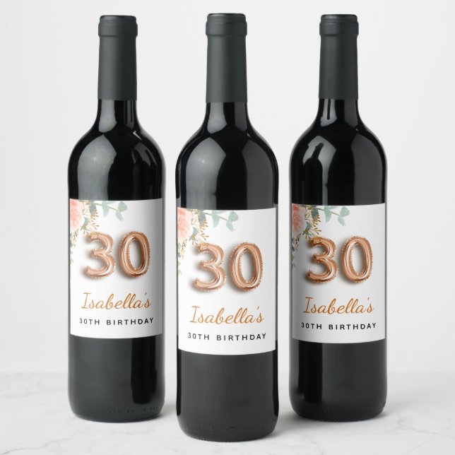 30th birthday floral rose gold eucalyptus monogram wine label (Bottles)