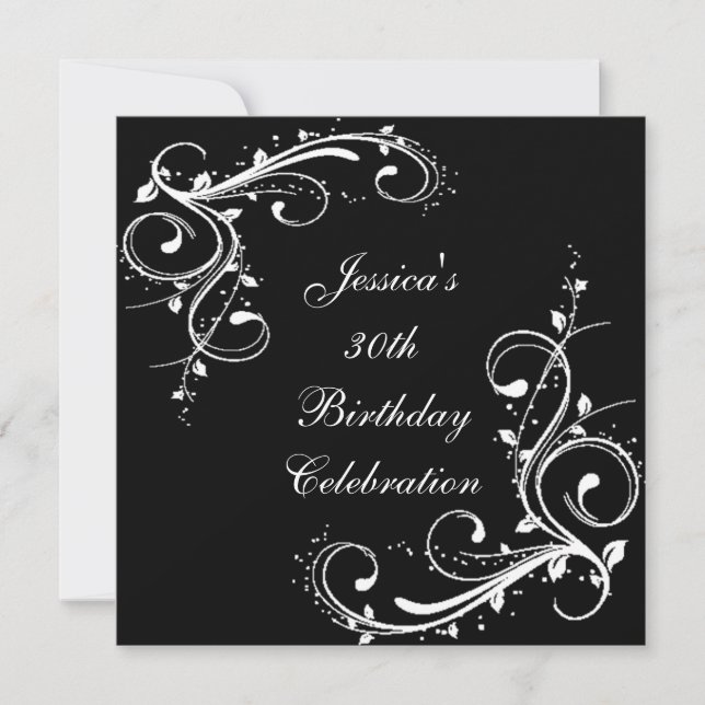30th Birthday Floral Swirls Black & White Invitation (Front)