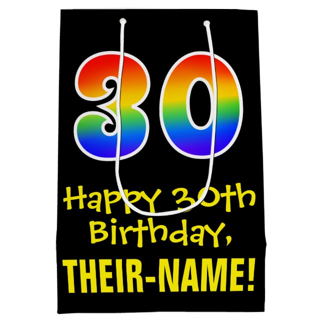30th Birthday: Fun, Bold, Colourful, Rainbow "30" Medium Gift Bag (Back)