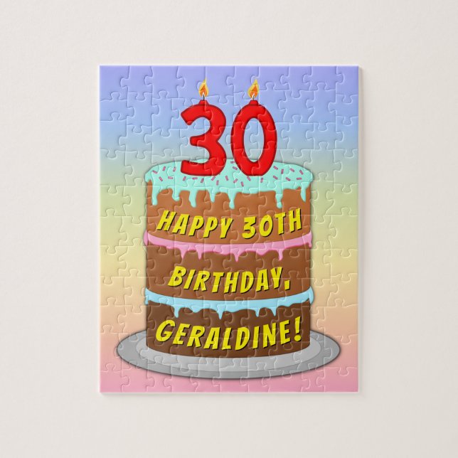 30th Birthday: Fun Cake and Candles + Custom Name Jigsaw Puzzle (Vertical)