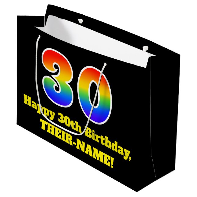 30th Birthday ~ Fun, Colourful, Vibrant, Rainbow 3 Large Gift Bag (Front Angled)