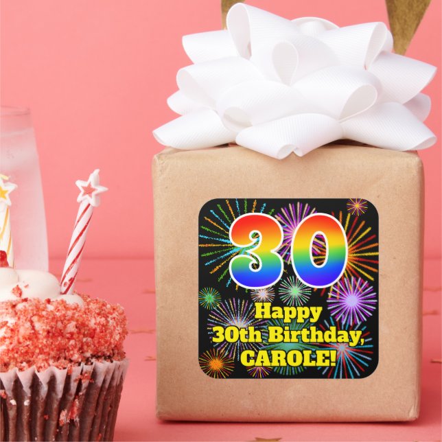 30th Birthday: Fun Fireworks Look, Rainbow # 30 Square Sticker (Party)