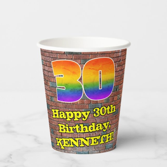 30th Birthday: Fun Graffiti-Inspired Rainbow 30 Paper Cups (Back)
