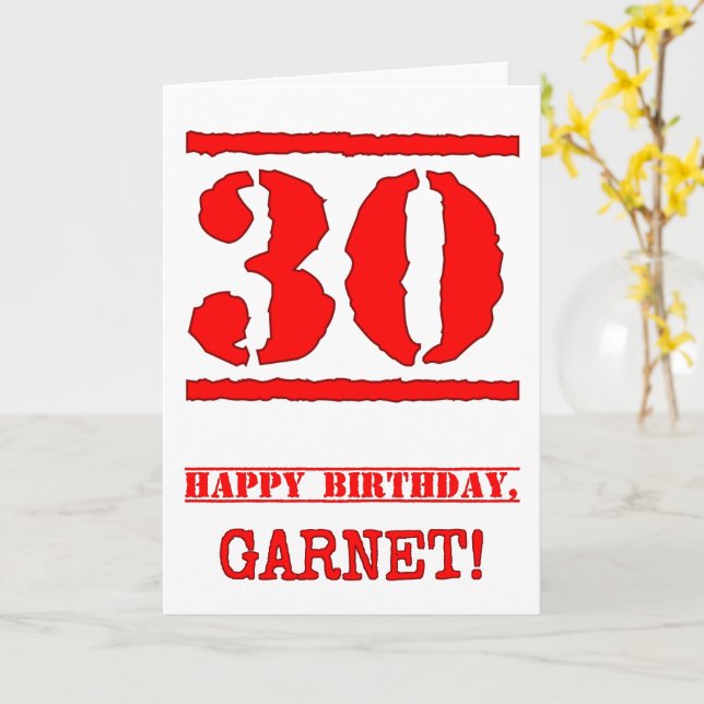 30th Birthday: Fun, Red Rubber Stamp Inspired Look Card (Yellow Flower)