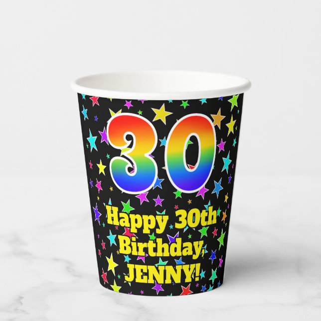 30th Birthday: Fun Stars Pattern and Rainbow 30 Paper Cups (Back)