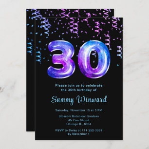 30th Birthday Galaxy Balloons with Confetti Invitation