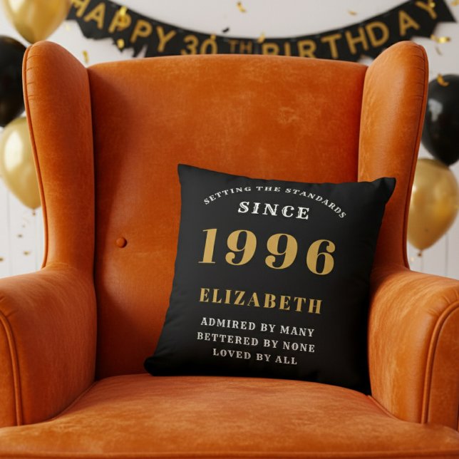 30th Birthday Gift Personalized 1996 Black Gold Cushion (1996 throw pillow in orange chair.)