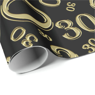 30th Birthday Gold and Black Number Pattern (L) Wrapping Paper