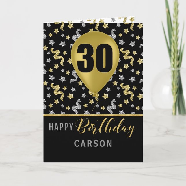 30th Birthday Gold and Silver Confetti Balloon Card (Front)
