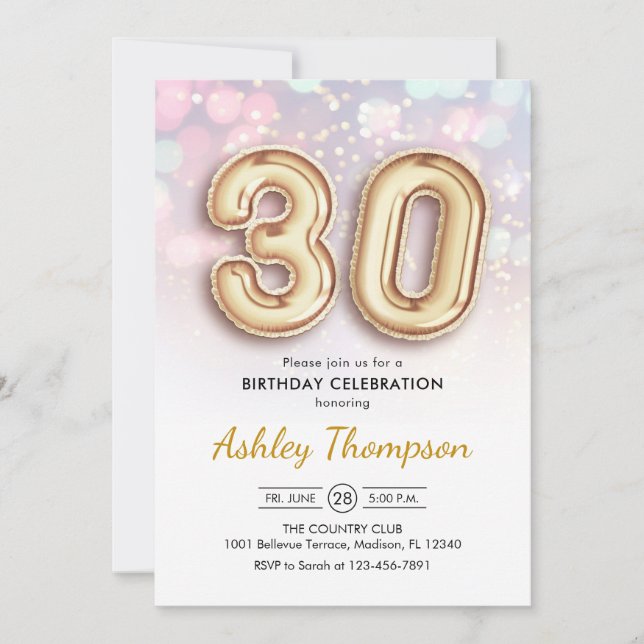 30th Birthday - Gold Balloons Pink Lights Invitation (Front)