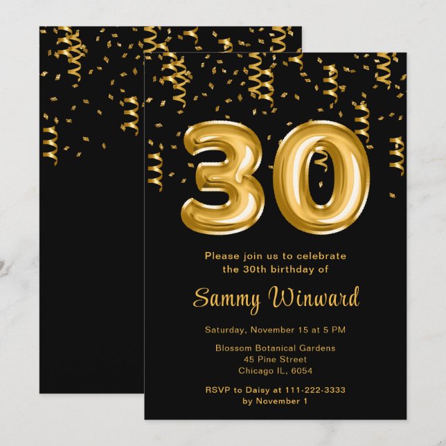 30th Birthday Gold Balloons with Confetti Invitation (Front/Back)