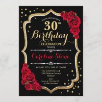 30th Birthday - Gold Black Red Roses